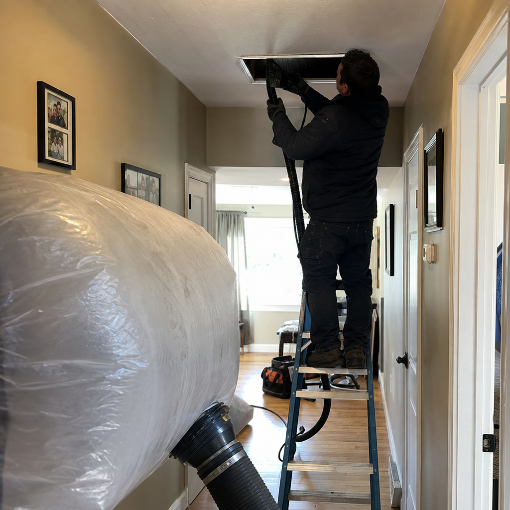 Technician using a vacuum hose to perform professional air duct cleaning in Clinton, MA