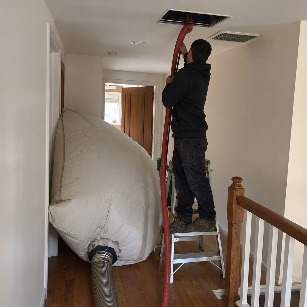 Professional technician performing residential air duct cleaning service in Clinton, MA