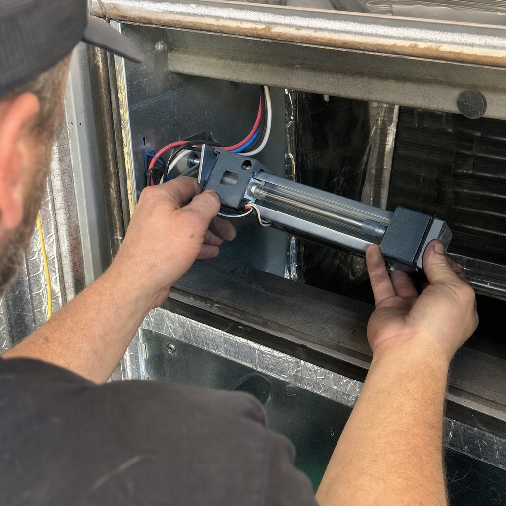 Technician installing professional UV air purification system in HVAC unit in Acton, MA