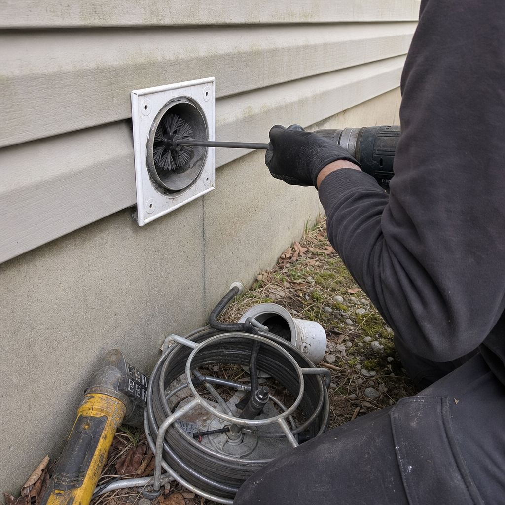 Technician using a rotary brush to perform professional dryer vent cleaning in Dedham, MA