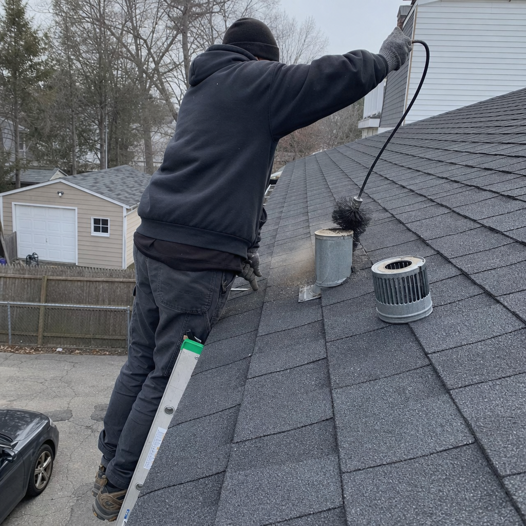 Professional dryer vent cleaning service using a roof-mounted rotary brush tool in Dedham, MA