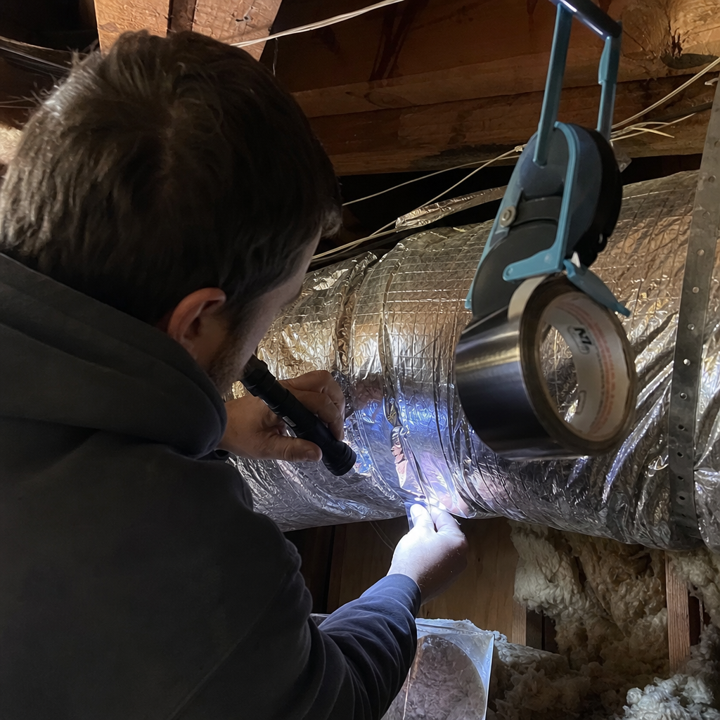 Technician performing professional air duct repair and sealing in an attic in Everett, MA