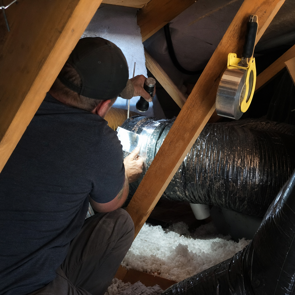 Technician performing professional air duct repair and sealing in an attic. in Everett, MA