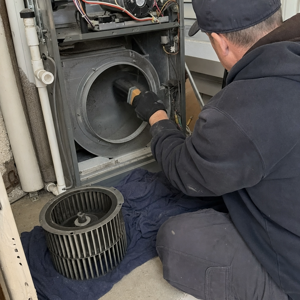 Technician performing professional HVAC furnace and blower wheel cleaning in Acton, MA
