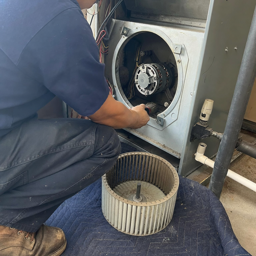 Technician performing professional HVAC system maintenance and cleaning in Acton, MA